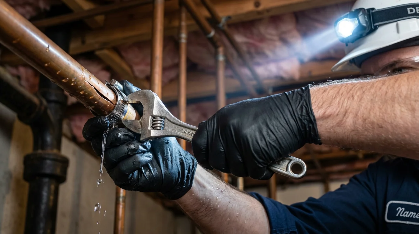 Emergency pipe clamp repair being performed by a Johns Plumbing LLC plumber in Yorkville