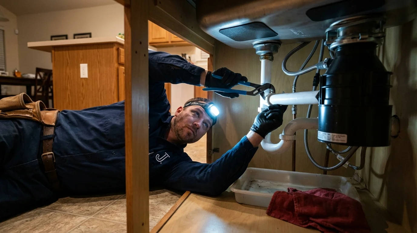 P-trap and supply line connections under a kitchen sink showing a common leak point in Yorkville, NY